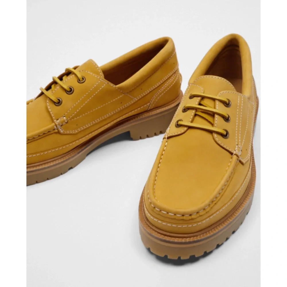 Zara LACED LEATHER BOAT SHOES  Beige Size 8 - Picture 4 of 11